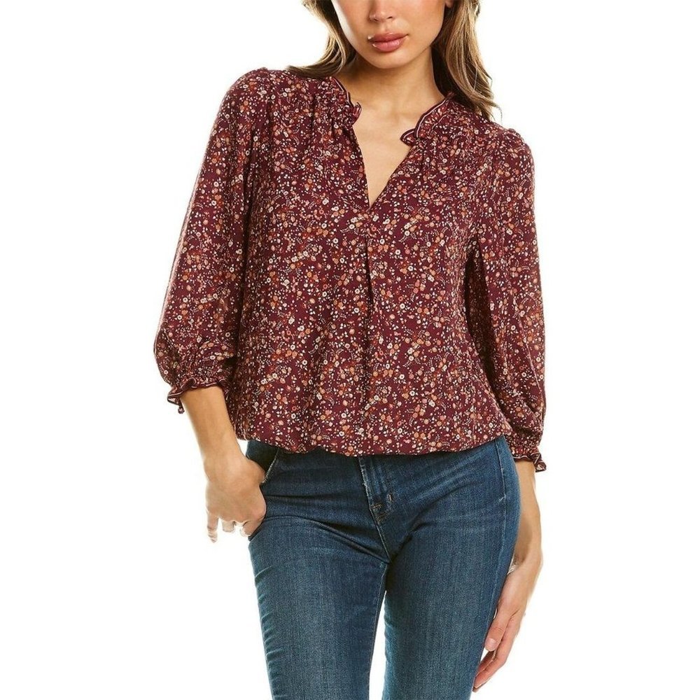 Max Studio Burgundy Floral V-Neck Peasant Blouse